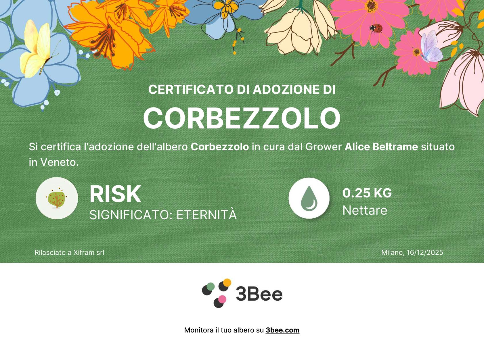 Certificato 3Bee di adozione dell'albero Corbezzolo, Risk